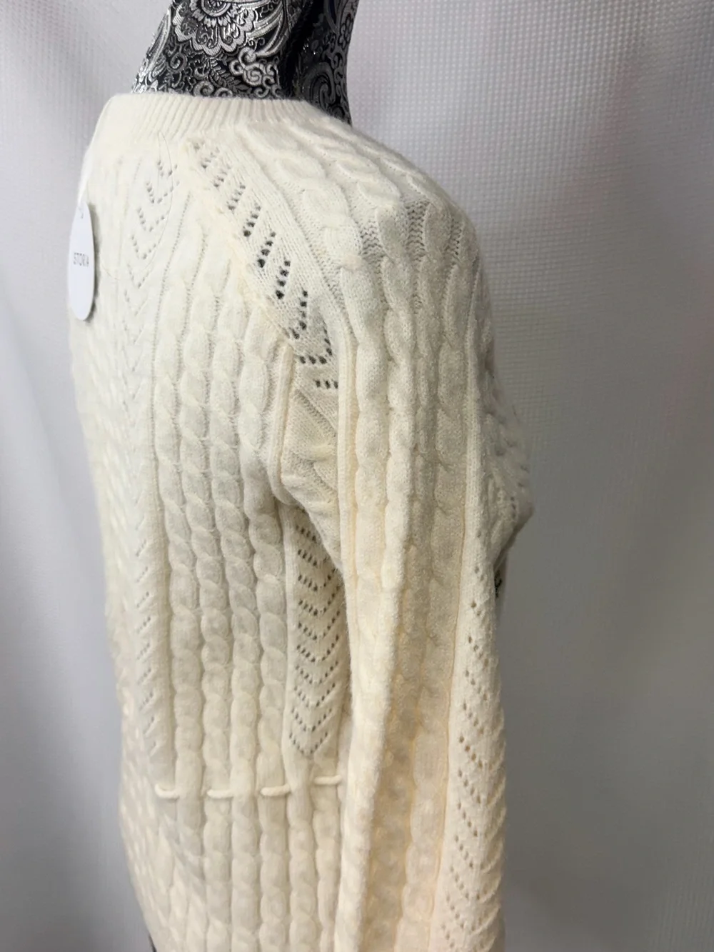 Storia Cream Embroidered Cable-Knit Crew Sweater with Waist Tie
